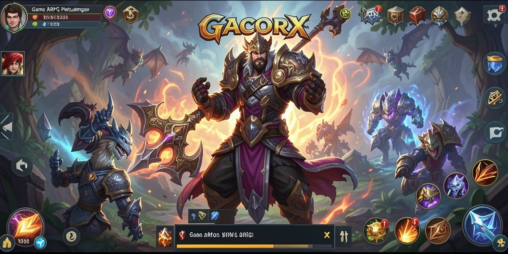 Screenshot gameplay GACORX menampilkan pertempuran epik dalam dunia fantasi.