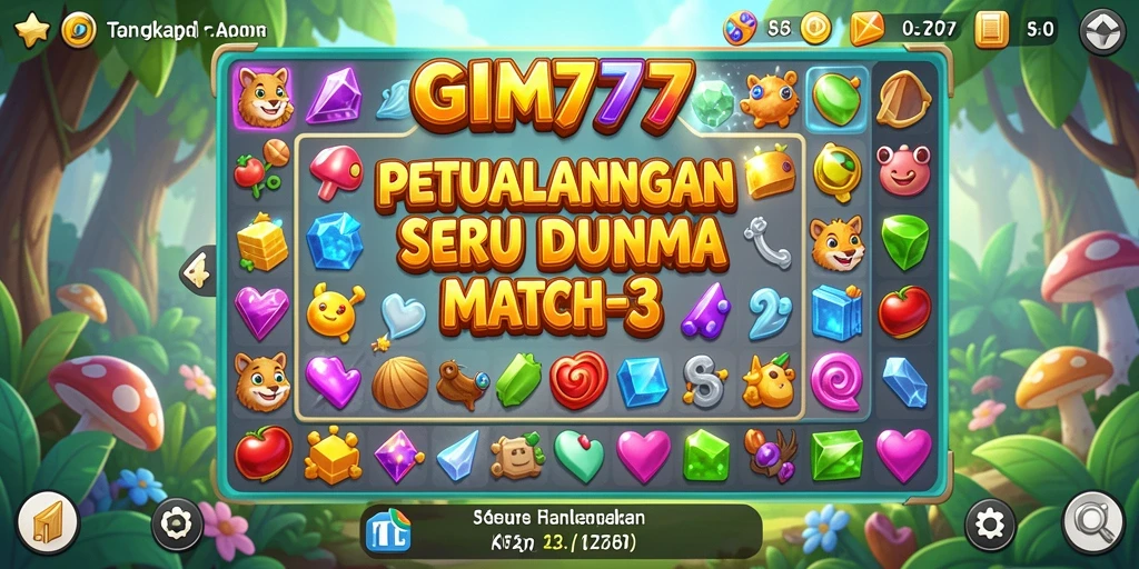 GIM777 menampilkan gameplay seru dengan kombinasi objek Match-3 yang berwarna-warni.