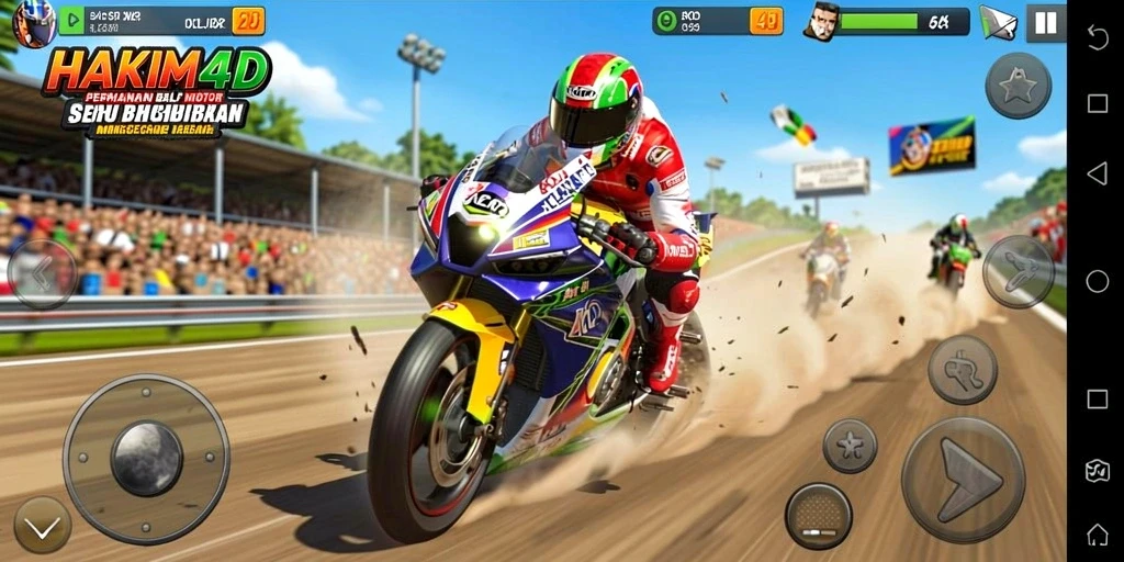 Screenshot gameplay HAKIM4D menampilkan aksi balap motor yang menegangkan dan mendebarkan.