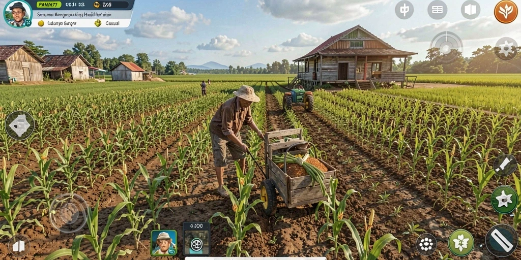 Tampilan menarik dari gameplay PANEN77 saat panen hasil pertanian.