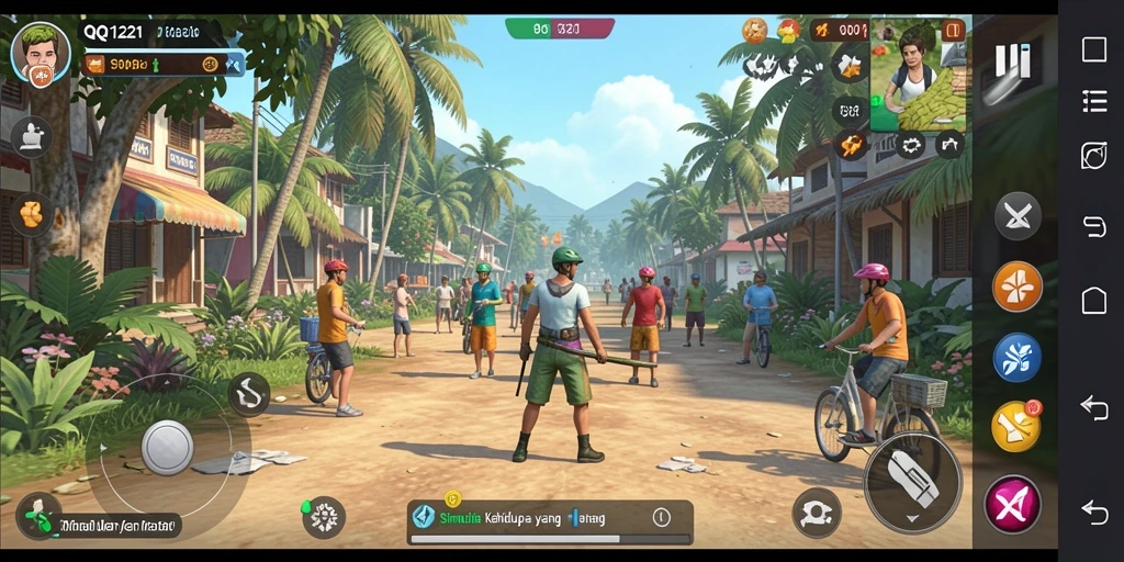 Screenshot gameplay QQ1221 menampilkan berbagai aktivitas simulasi kehidupan.
