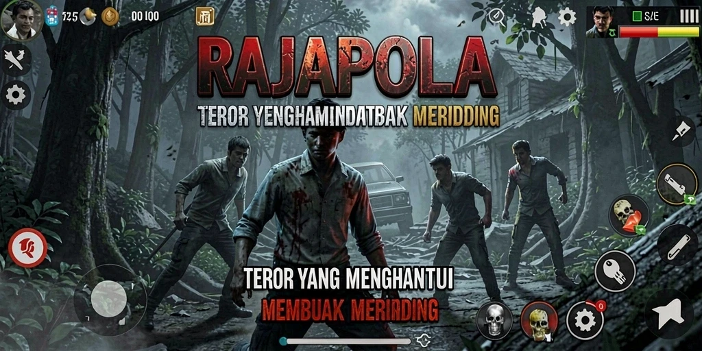 Screenshot utama RAJAPOLA menampilkan suasana kegelapan yang menggigit.