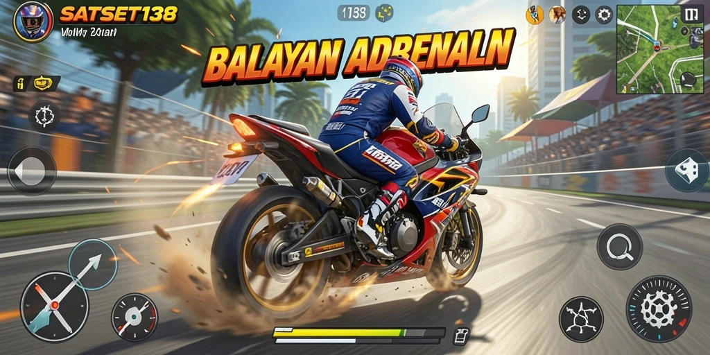 Tampilan gameplay seru dalam balapan motor di SATSET138.