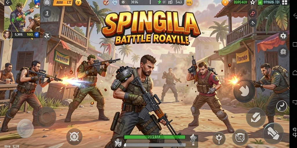 Screenshot SPINGILA menampilkan aksi seru di medan perang Battle Royale.