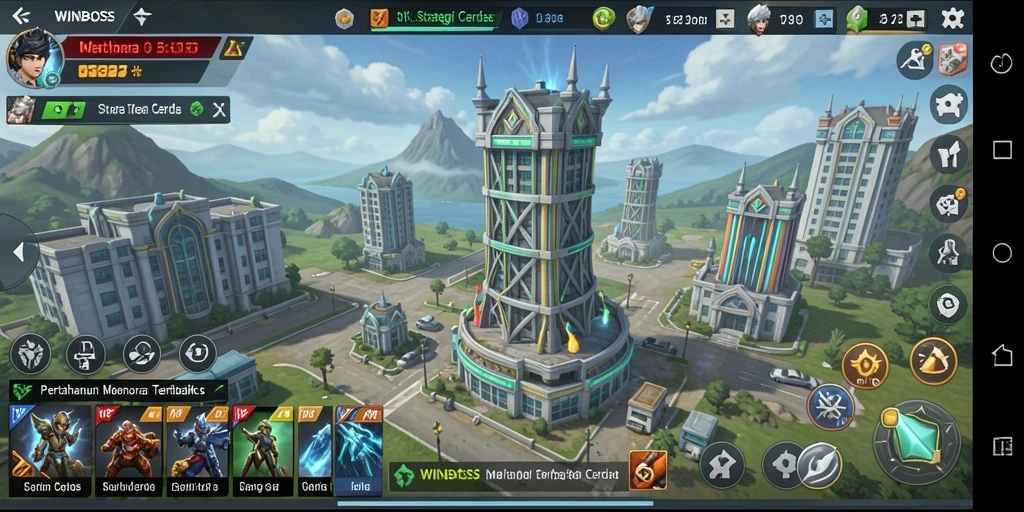 Gameplay WINBOSS menampilkan pertarungan menara yang mendebarkan.